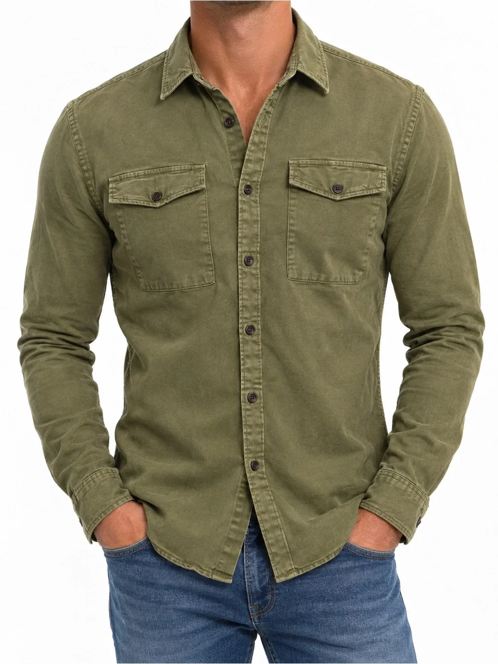 Zara Man Shirt Button Up Large Slim Fit Olive Green Utility Gorpcore Pockets